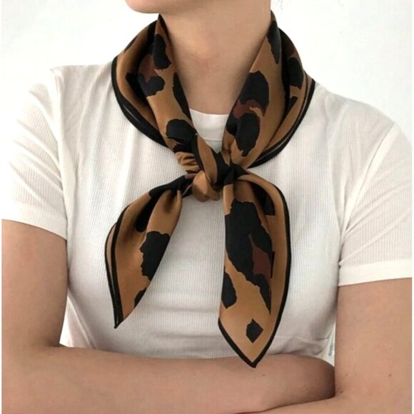 Elegant Bandana Square Scarf Silky Satin Soft Leopard Animal Print cheetah Brown - Picture 2 of 6